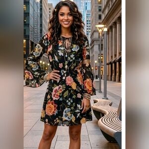 LOFT Floral Babydoll  Dress With Bell Sleeves Black Floral Pattern (A1)